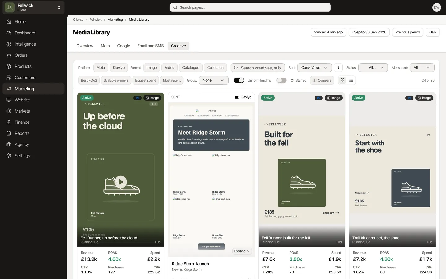 The Media Library: the filter bar and a four-column grid of ads and emails with revenue, ROAS, spend and CTR, for Fellwick, an example brand.